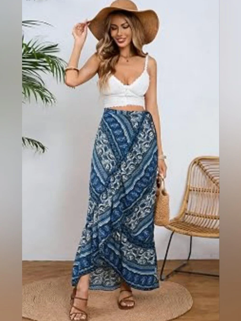 Foremode Women's Blue Boho Print Wrap Asymmetrical Maxi Skirt